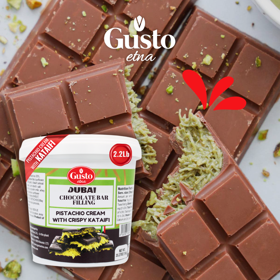 Gusto Etna, Dubai Pistachio Chocolate Bar Filling- 1 Kg, Pistachio Cream with Crispy Kataifi