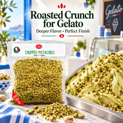 A bag of Lalo Chopped Pistachios shown in a bright kitchen-like setting beside a large metal tray filled with pistachio-topped gelato. Text at the top reads 'Roasted Crunch for Gelato' with supporting copy.