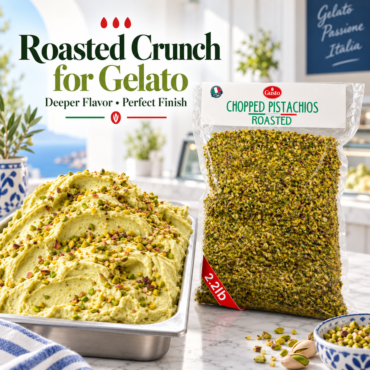 A bag of Gusto Etna Chopped Pistachios Roasted stands next to a large metal tub filled with green gelato topped with chopped pistachios, on a marble countertop in a bright kitchen setting. Text on the image reads 'Roasted Crunch for Gelato' and 'Chopped Pistachios Roasted'.