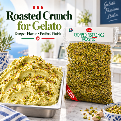 A bag of Gusto Etna Chopped Pistachios Roasted stands next to a large metal tub filled with green gelato topped with chopped pistachios, on a marble countertop in a bright kitchen setting. Text on the image reads 'Roasted Crunch for Gelato' and 'Chopped Pistachios Roasted'.