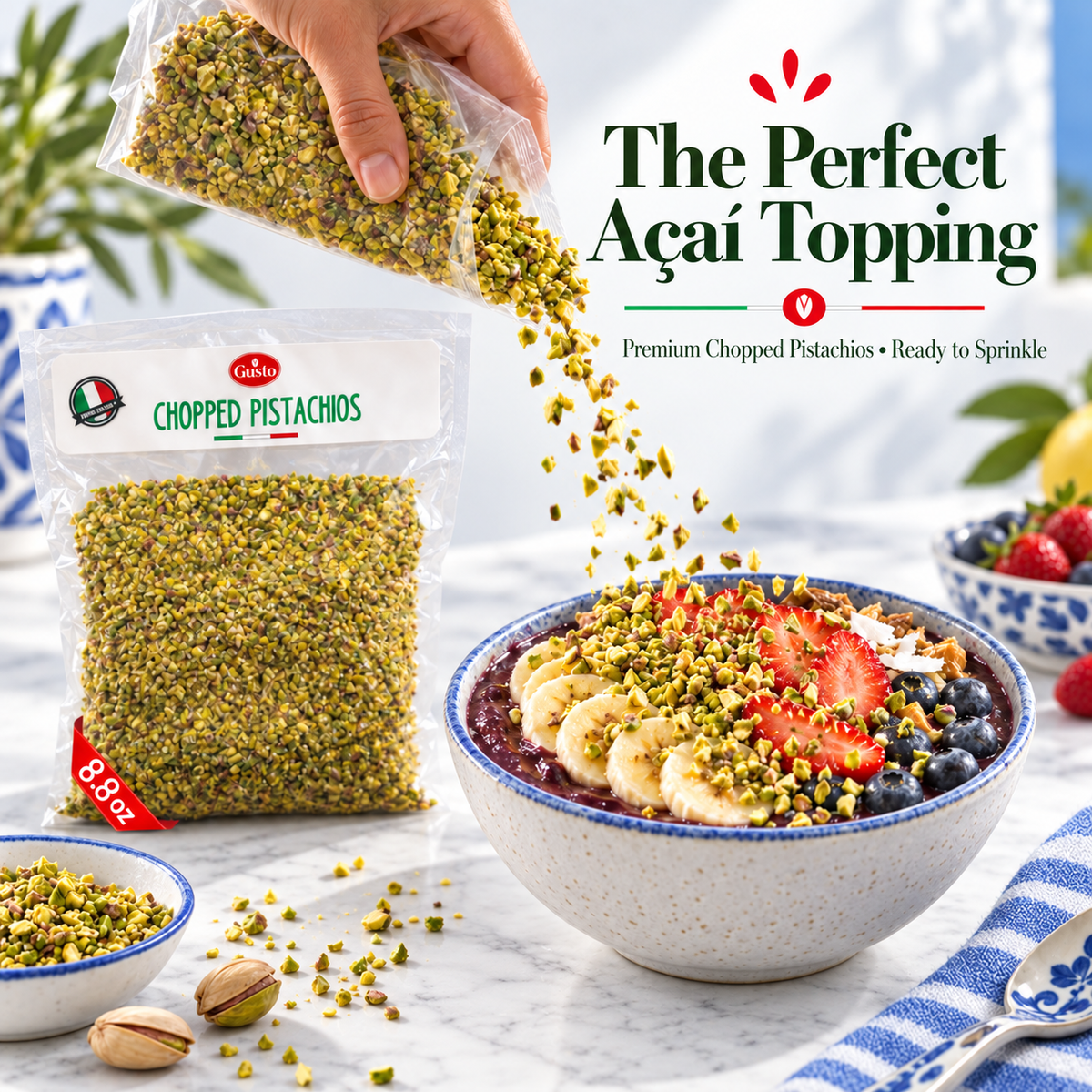 A hand pours chopped pistachio topping from a clear bag into a bowl of smoothie topped with sliced banana, strawberries, blueberries, and more pistachios. A branded bag of chopped pistachios, a small bowl, and the text 'The Perfect Açaí Topping' are visible on a bright kitchen-style background.