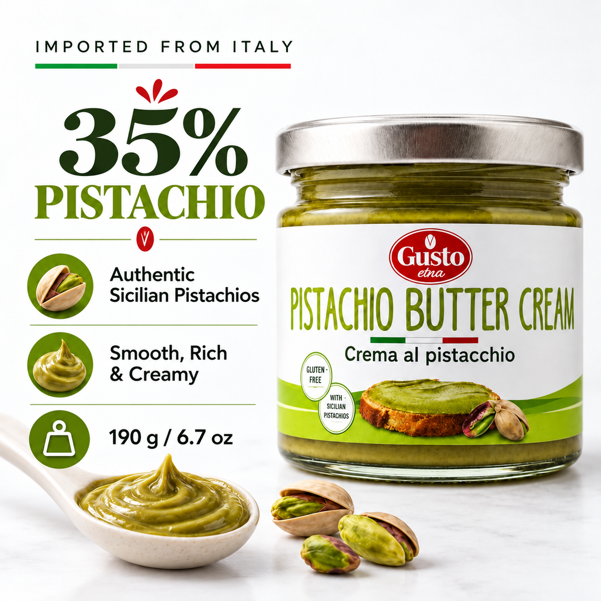 A jar of Gusto Classico Pistachio Butter Cream shown next to a spoonful of thick green butter cream and whole pistachios on a white background, with promotional text highlighting 35% pistachio content and authentic Sicilian ingredients.