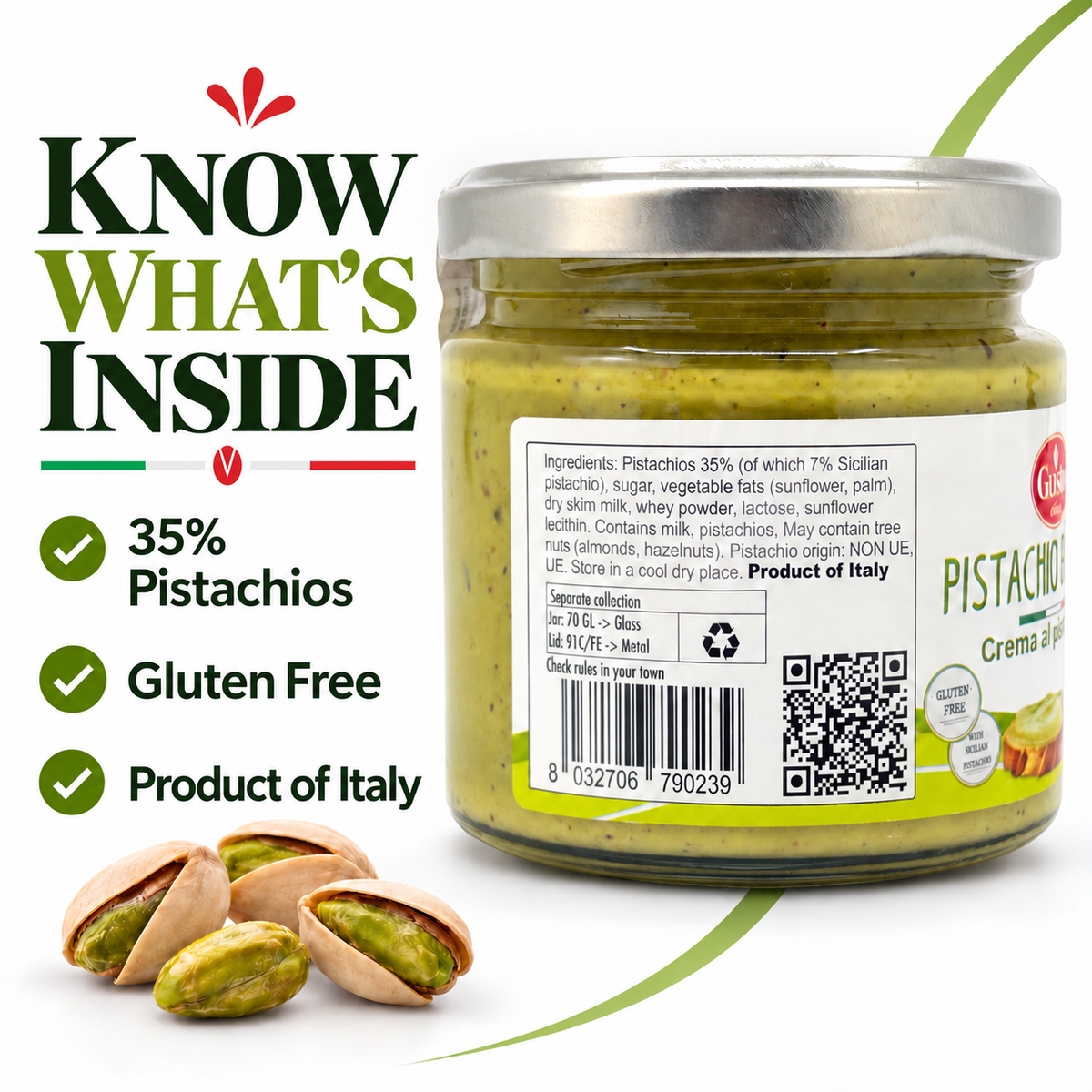 A jar of Pistachio Crema Panna spread with a silver lid, shown next to several whole and halved pistachios on a white background. The left side features promotional text reading 'KNOW WHAT'S INSIDE' with bullet points for '35% Pistachios', 'Gluten Free', and 'Product of Italy'.