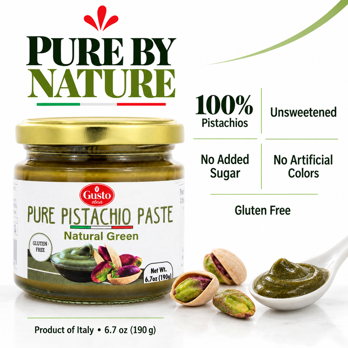 A jar of Gusto Puree Pure Pistachio Paste on a white background with text callouts and small food props. The product is shown in a clear glass jar with a gold lid and a white label, alongside pistachios and a spoonful of green paste.