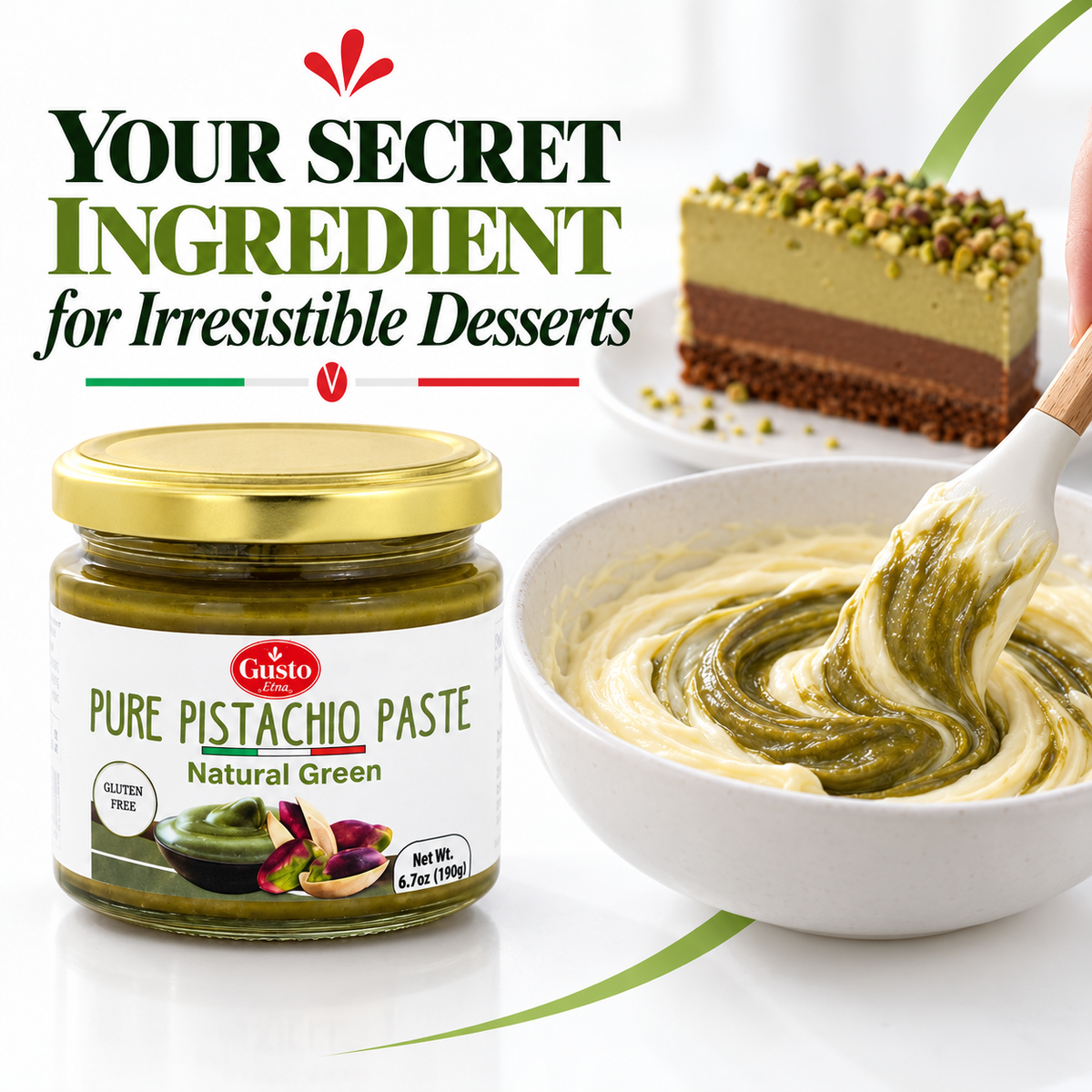 A jar of Lusso Pure Pistachio Paste Natural Green is shown next to a white bowl containing a green-and-cream swirled dessert paste being stirred with a spatula, with a slice of pistachio-topped dessert in the background and promotional text reading 'YOUR SECRET INGREDIENT for Irresistible Desserts.'.