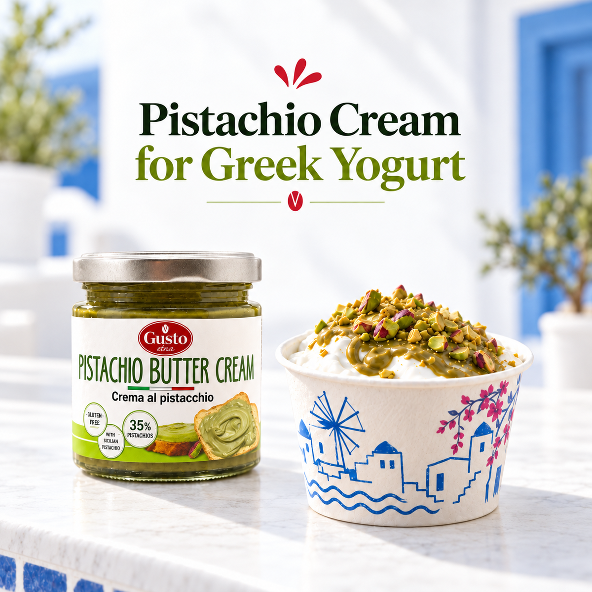 A jar of Gusto Pistachio Butter Cream next to a Greek yogurt cup topped with pistachio cream, set on a white marble surface with a Mediterranean-themed background and the text 'Pistachio Cream for Greek Yogurt' above.