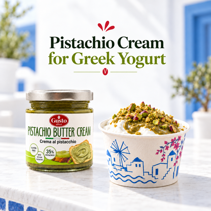 A jar of Gusto Pistachio Butter Cream next to a Greek yogurt cup topped with pistachio cream, set on a white marble surface with a Mediterranean-themed background and the text 'Pistachio Cream for Greek Yogurt' above.