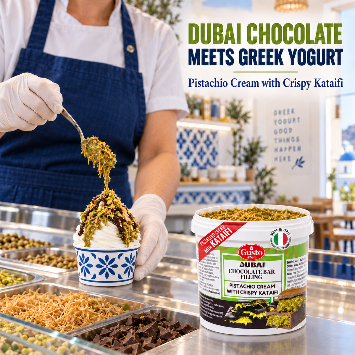 A person in a white shirt and blue apron is spooning pistachio cream with crispy kataifi over a dessert. In the foreground, a tub of Gasto Dubai Chocolate Bar Tilling is shown next to dessert cups in a kitchen or serving area.