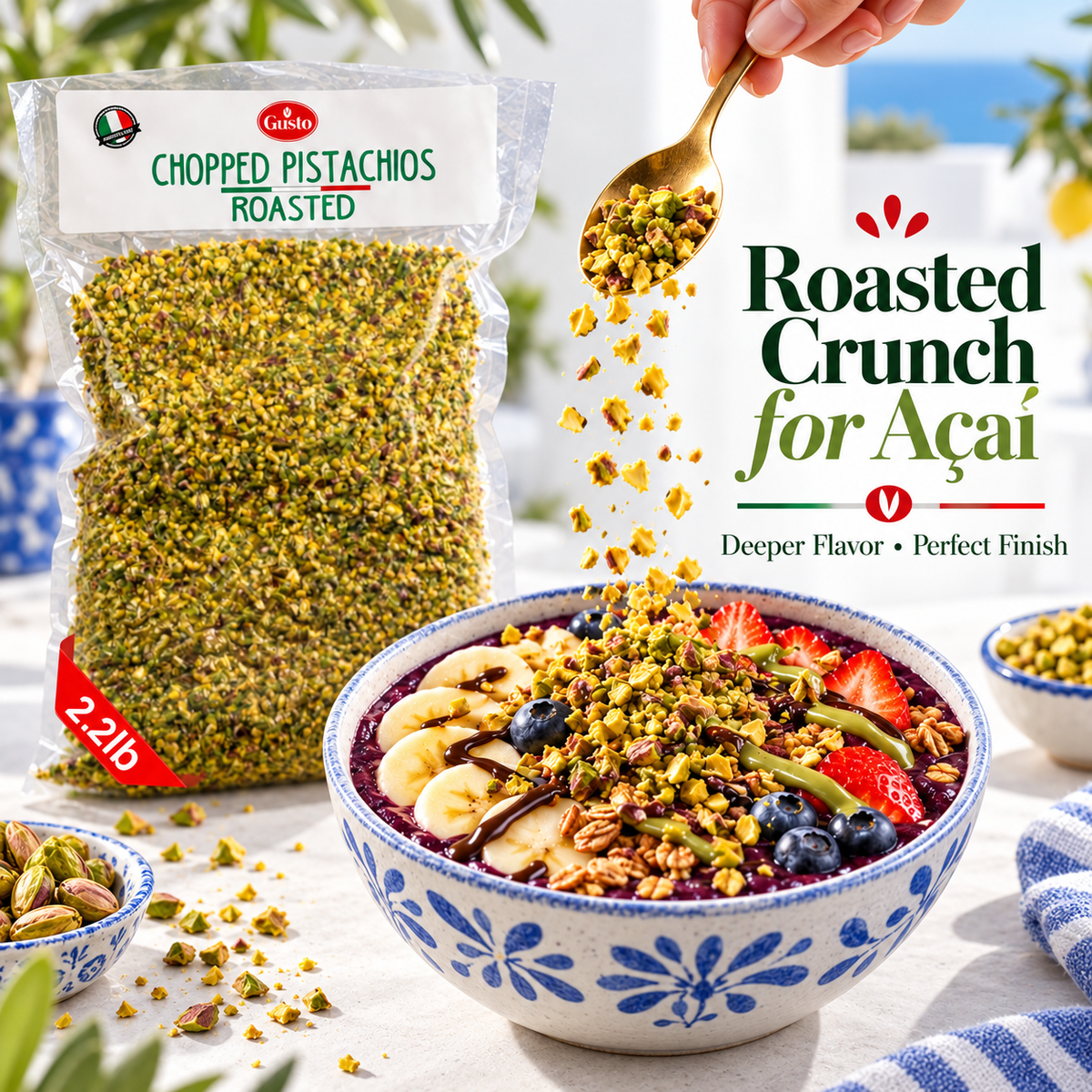 A bag of Libero Chopped Pistachios Roasted is shown next to a blue-and-white bowl topped with granola, banana, blueberries, strawberries, and a spoonful of pistachio crumbs being sprinkled over the dish. Promotional text reads 'Roasted Crunch for Açaí'.