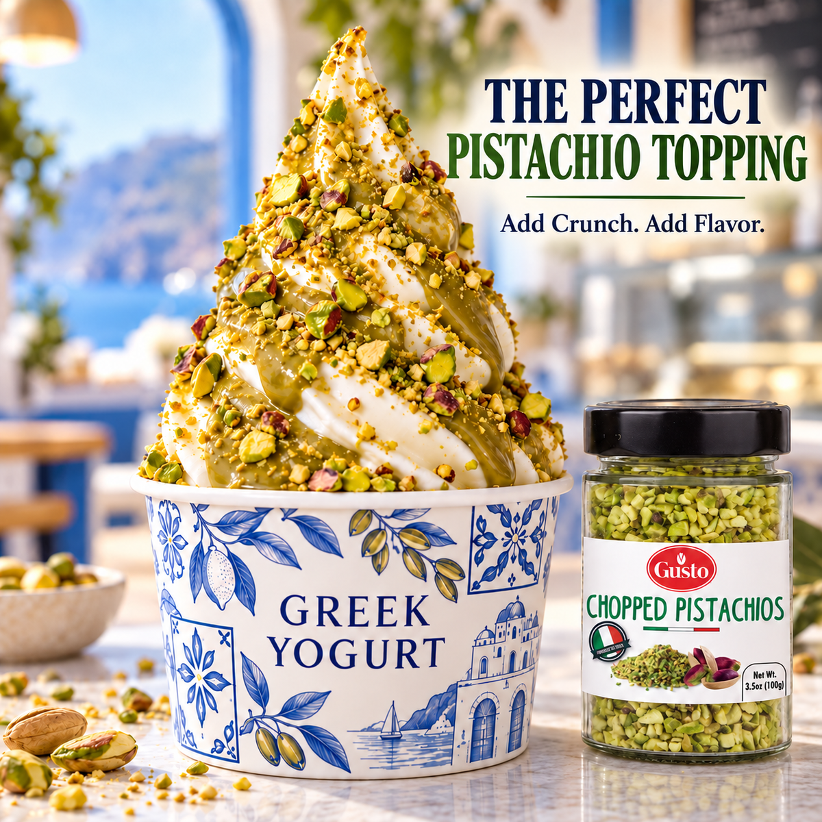 A swirl of Greek yogurt topped with chopped pistachio and nuts sits in a blue-and-white patterned cup, with a jar of Guisto Chopped Pistachios beside it and promotional text reading 'The Perfect Pistachio Topping.'.