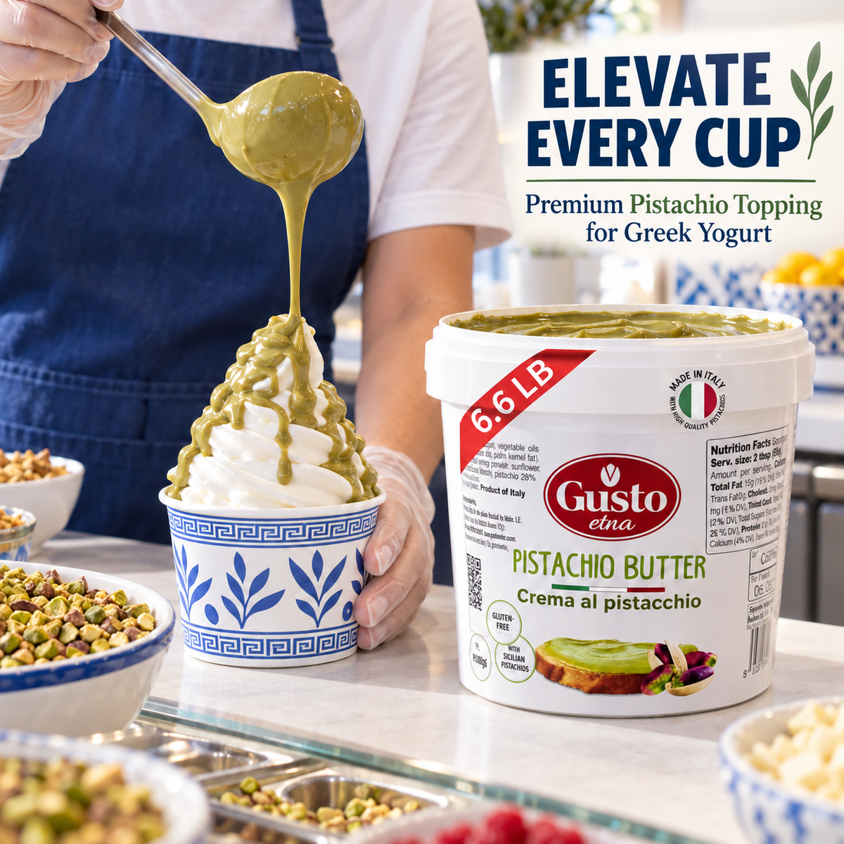 A person in a blue apron spoons pistachio topping over a cup of Greek yogurt, with a large tub of Gusto ena Pistachio Butter and promotional text in the background.