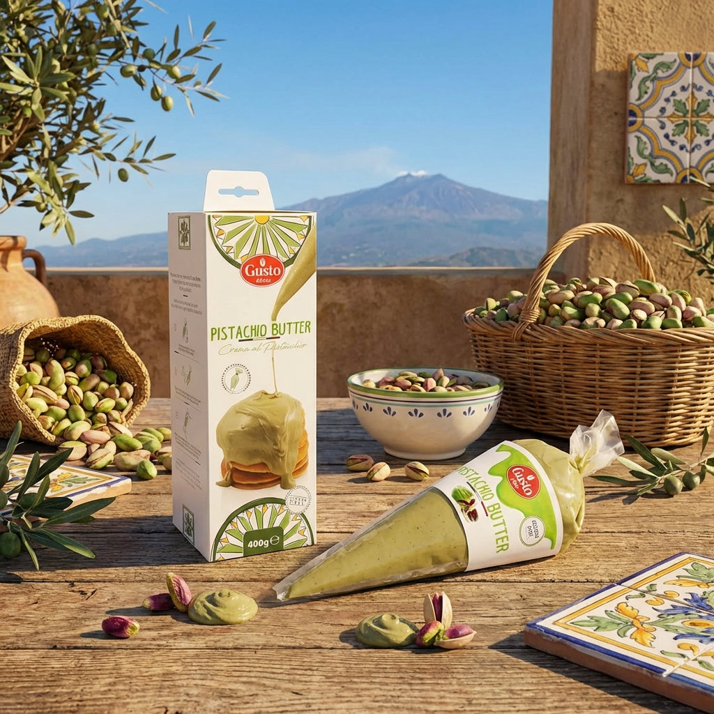 Pistachio butter packaging with pistachios and a scenic background