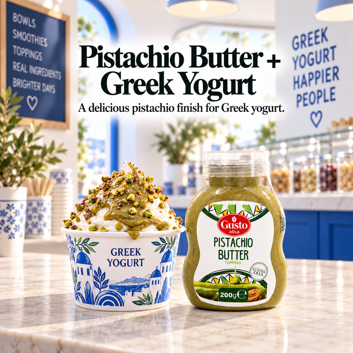 A jar of Gusto Pistachio Butter is shown next to a cup of Greek Yogurt topped with pistachio pieces on a marble counter in a bright, modern cafe setting.