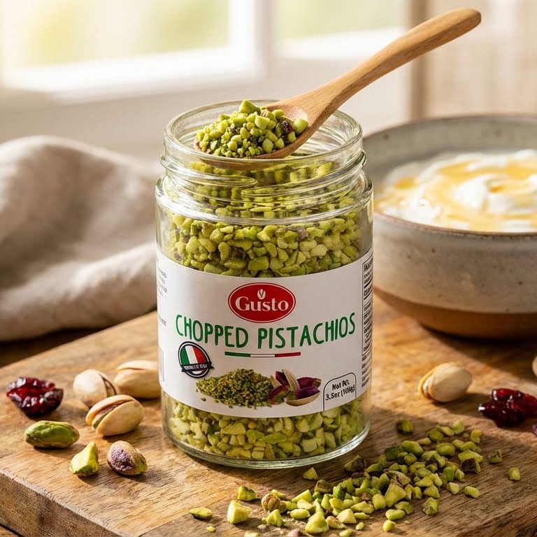 Jar of Gusto chopped pistachios with a wooden spoon on a wooden surface.