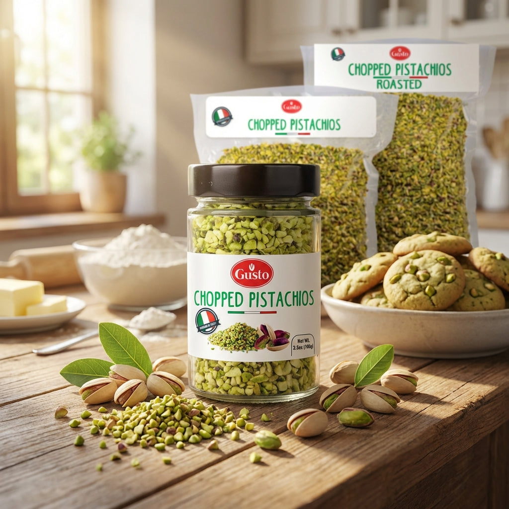 Jar and packaging of chopped pistachios on a wooden table with cookies and baking ingredients.