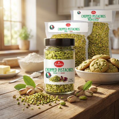 Jar and packaging of chopped pistachios on a wooden table with cookies and baking ingredients.