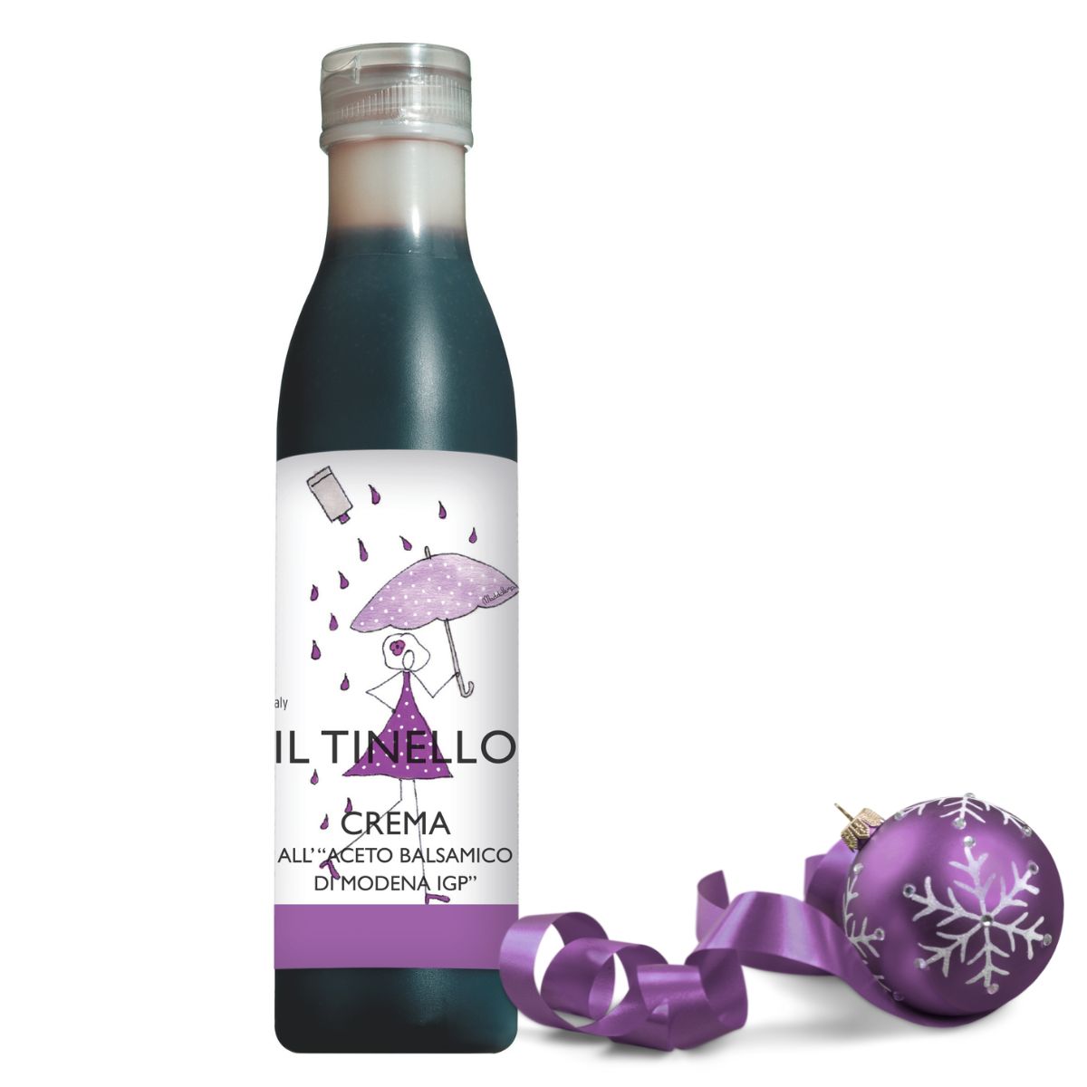 Bottle of Il Tinello Crema with a decorative purple ornament on a white background
