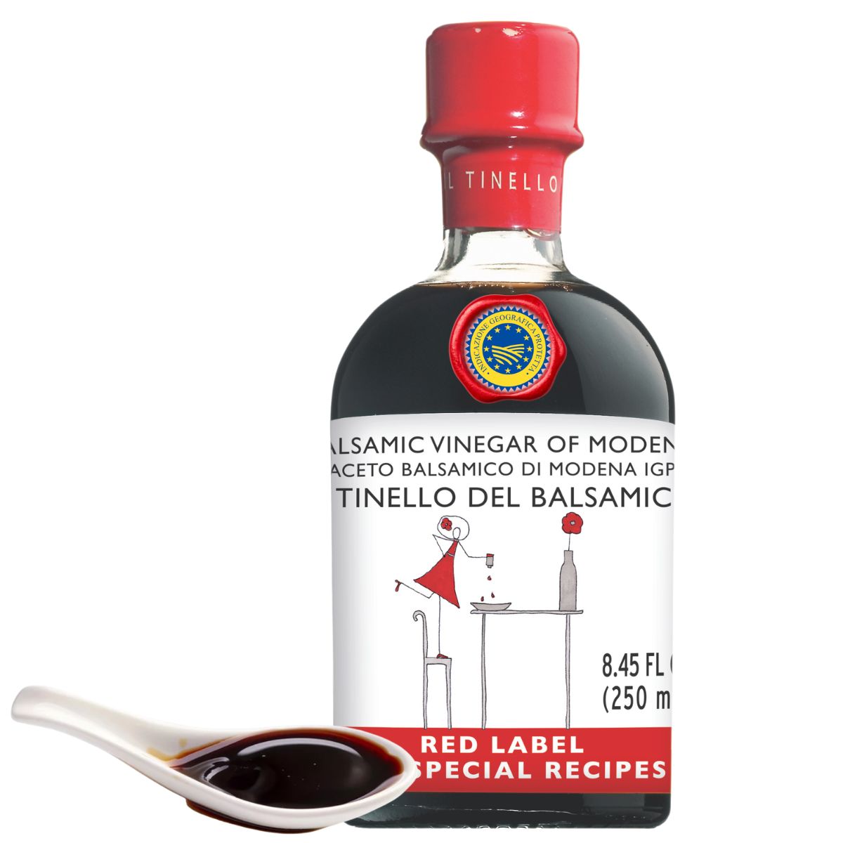 Bottle of balsamic vinegar with a Red Label on a white background