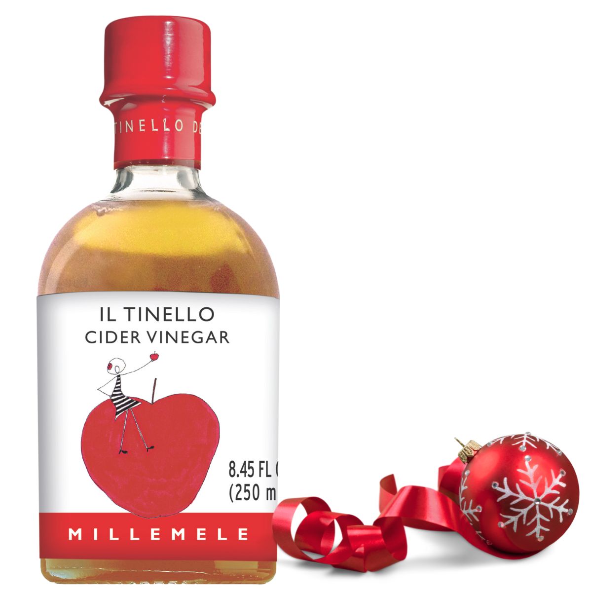 Bottle of Il Tinello Cider Vinegar with a red cap and decorative elements on a white background