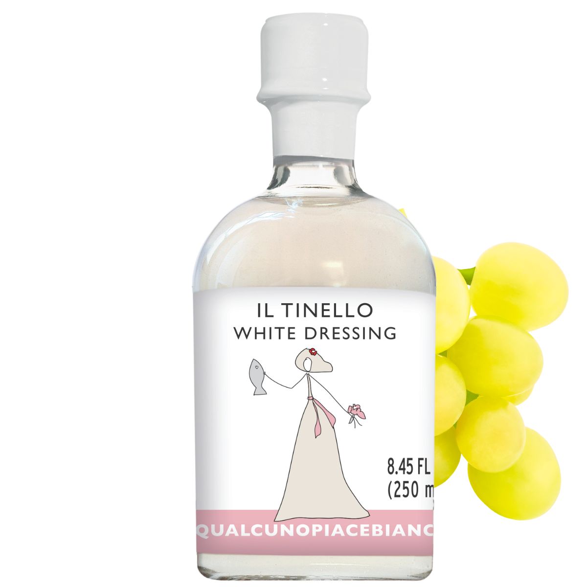 Bottle of White Dressing with a yellow label on a white background