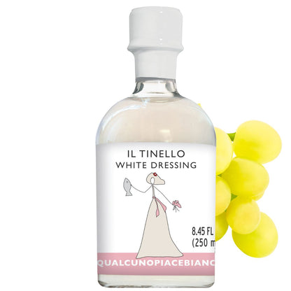 Bottle of White Dressing with a yellow label on a white background