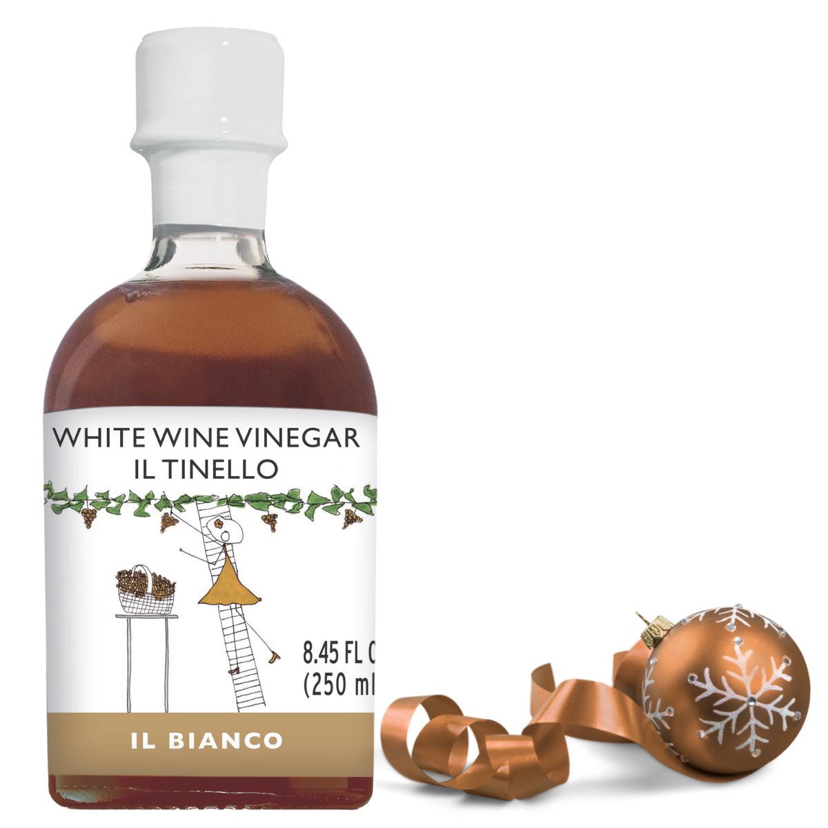 Bottle of Il Tinello white wine vinegar with a decorative ornament on a white background