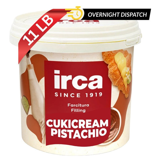 Irca Cukicream Pistachio filling container with red label and overnight dispatch text. crumble