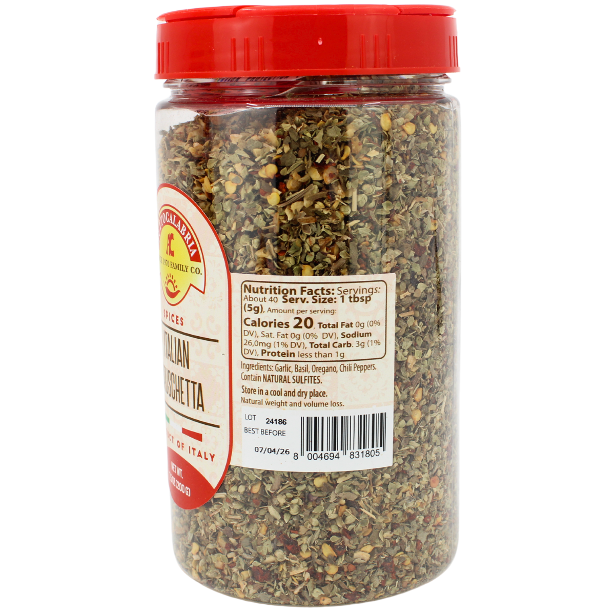 Spice jar with red lid and label on a white background