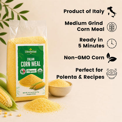 Premium Italian corn meal made from finely milled corn. Naturally gluten-free and ideal for creamy polenta, cornbread, porridge, coatings, and gluten-free baking.