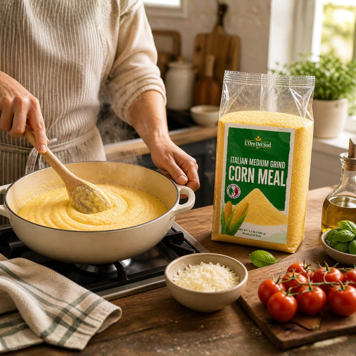 Premium Italian corn meal made from finely milled corn. Naturally gluten-free and ideal for creamy polenta, cornbread, porridge, coatings, and gluten-free baking.