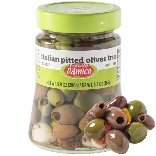 Fratelli D'Amico, Italian Olives Mix Pitted with garlic and red and yellow peppers, 9.9 oz  (280g)