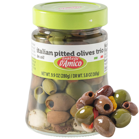 Fratelli D'Amico, Italian Olives Mix Pitted with garlic and red and yellow peppers