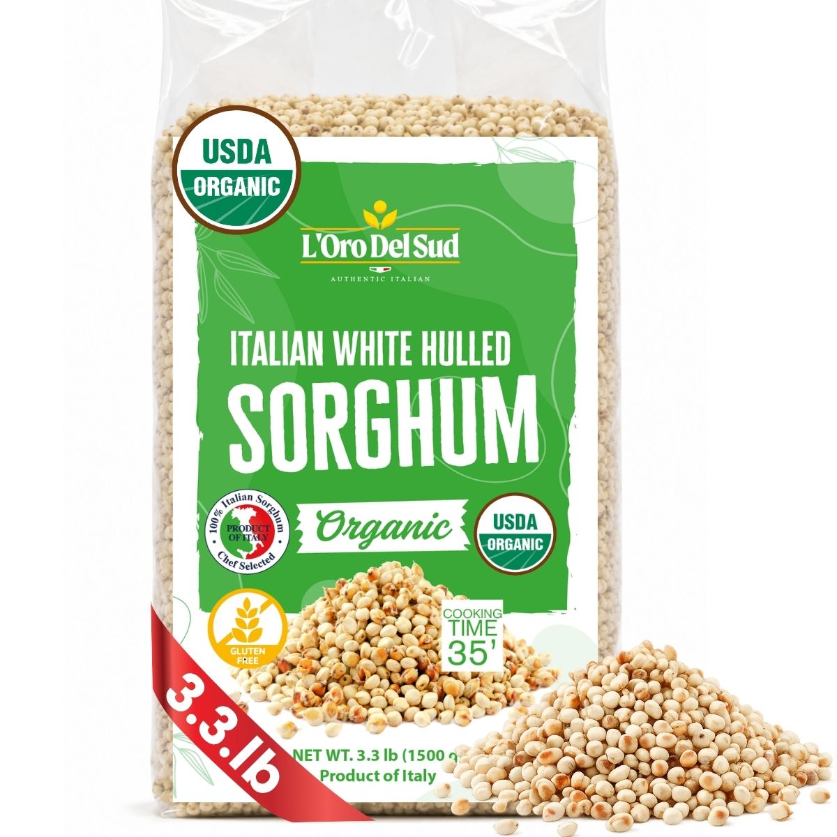 Bag of Italian white hulled sorghum with USDA Organic label on a white background