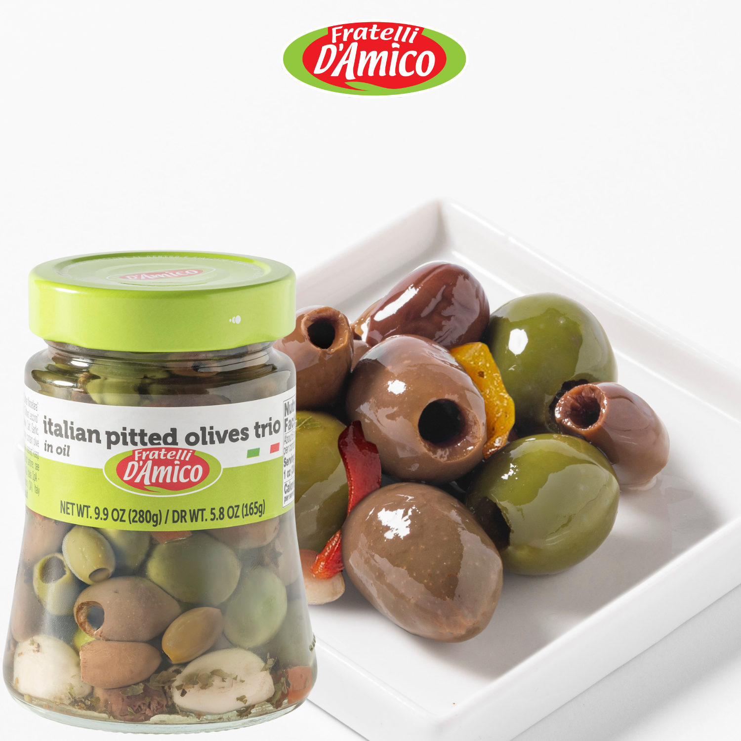 Fratelli D'Amico, Italian Olives Mix Pitted with garlic and red and yellow peppers