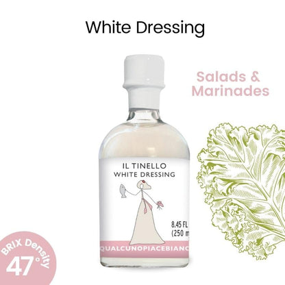 Bottle of Il Tinello White Dressing with a label and text on a white background