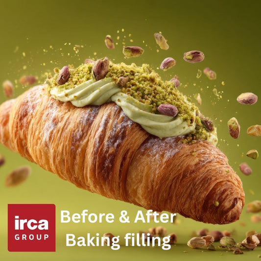 Croissant with green filling and pistachio cream on a green background, featuring the irca 1919 logo.