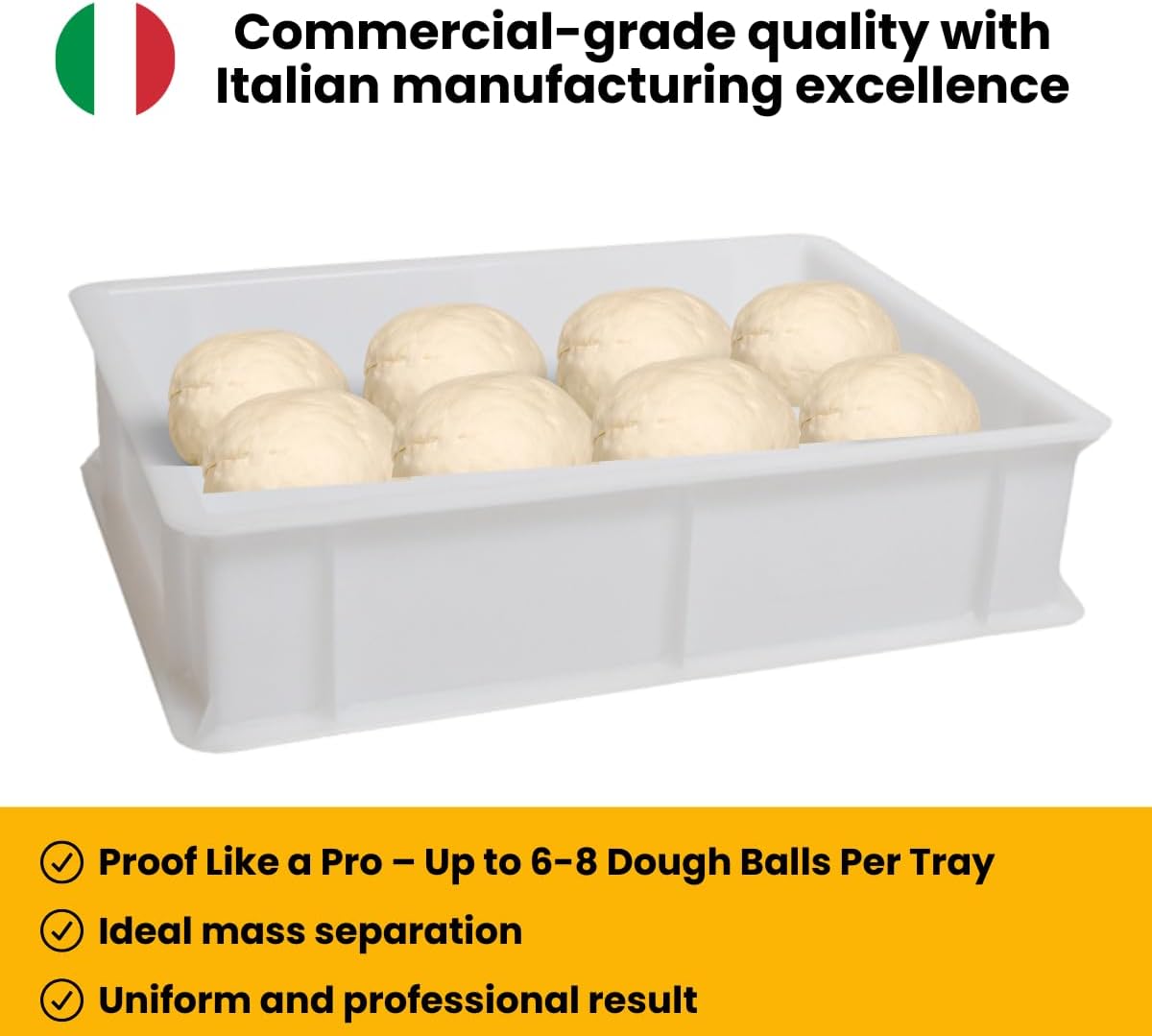 White Italian dough proofing box with 6 to 8 dough balls, commercial-grade quality, ideal for fermentation, uniform and professional results