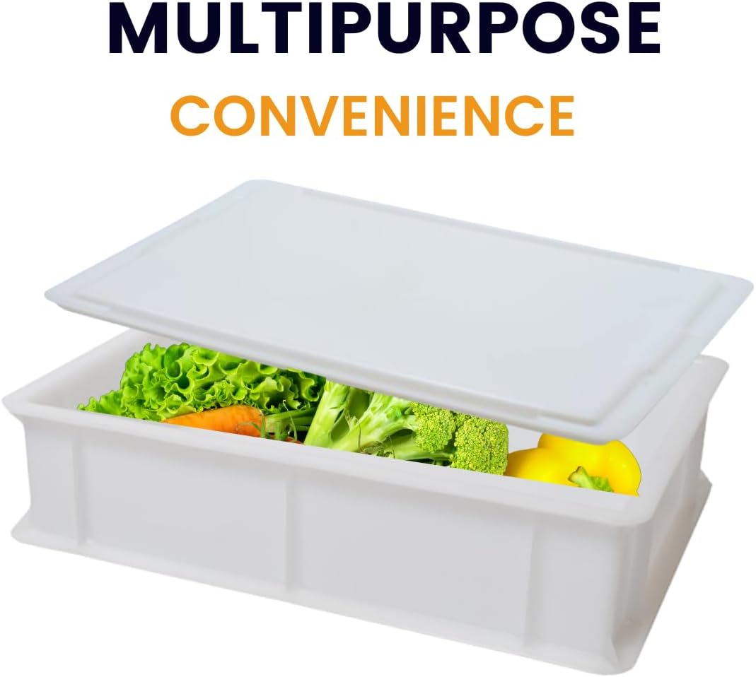 White multipurpose proofing box with lid partially open, filled with fresh vegetables including lettuce, carrots, broccoli, and yellow bell pepper – BPA-free, durable and versatile Italian-made container.