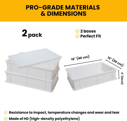 White dough proofing boxes with lid, 2 pack, professional-grade HD polyethylene, dimensions 16 x 12 x 4 inches (40 x 30 x 10 cm)