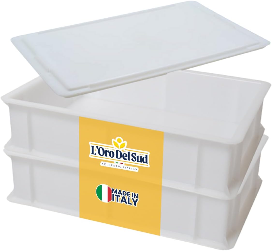 L'Oro Del Sud authentic Italian dough proofing box set with lid, made in Italy, durable white food-grade plastic containers for pizza dough fermentation and storage