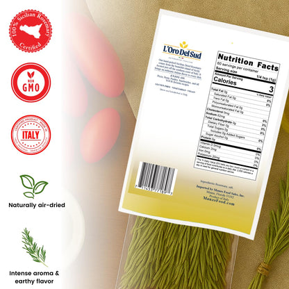 Back view of L’Oro Del Sud Dried Sicilian Rosemary Bunch 1.4 oz (40 g), showing nutrition facts, non-GMO certification, product of Italy, and naturally air-dried herbs with intense aroma and earthy flavor