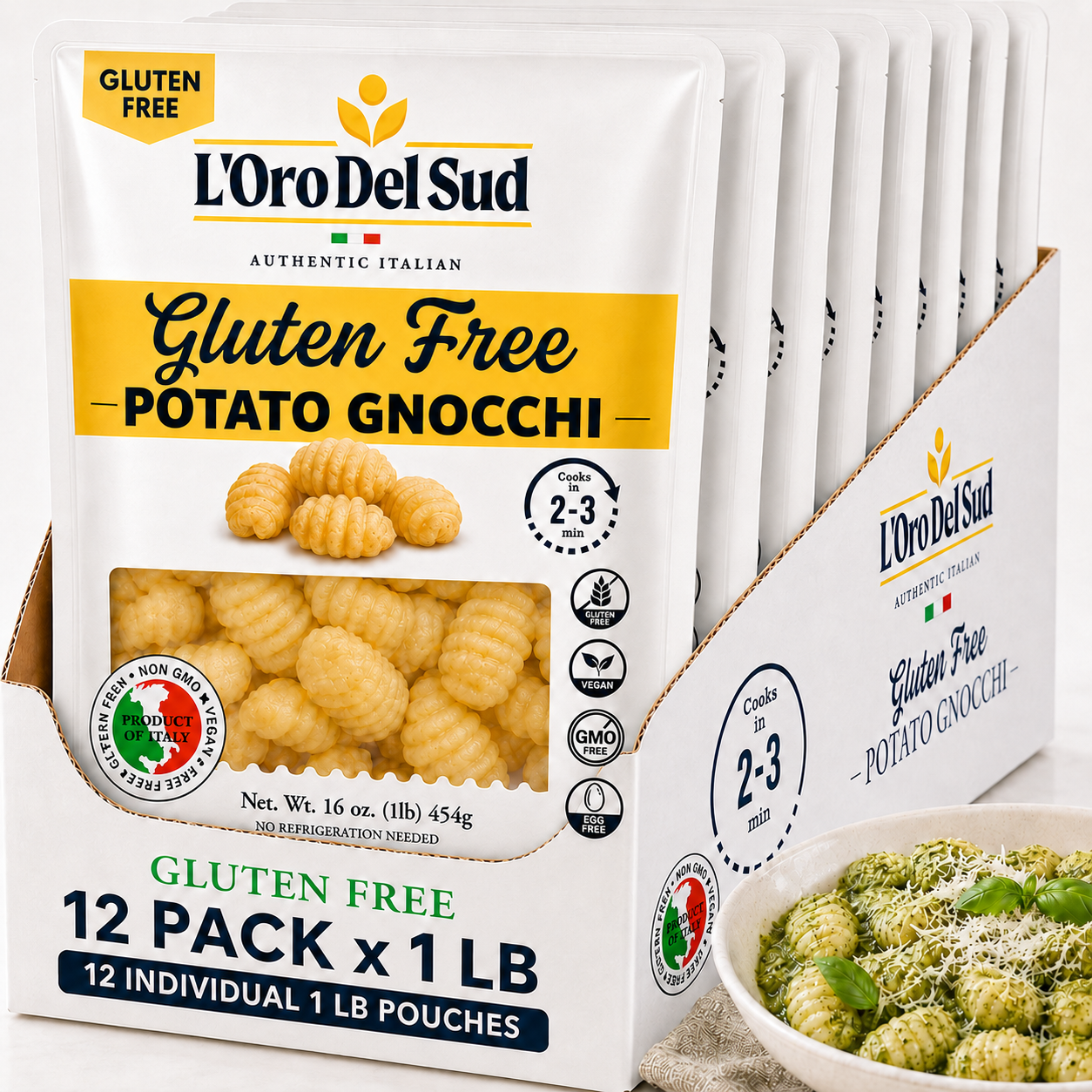 12-pack of L’Oro Del Sud Mariella Potato Gnocchi, 1 lb bags, authentic Italian product
