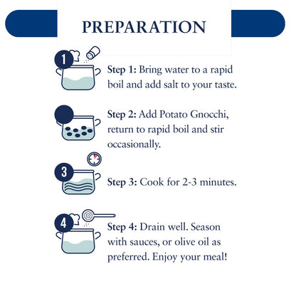 Cooking instructions for L'Oro Del Sud potato gnocchi with four illustrated steps: boil water with salt, add gnocchi, cook 2-3 minutes, drain and season with sauce or olive oil