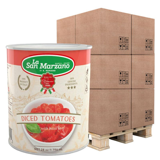 La San Marzano diced tomatoes can with basil leaf (28 oz / 796 ml) in front of a full pallet of boxed cases – Italian product packed by La Regina.