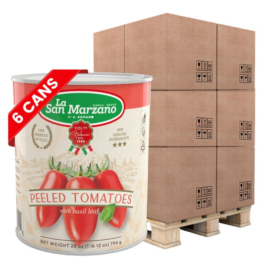 La San Marzano Peeled Tomatoes with Basil Leaf 28 oz can pack of 6, Italian canned tomatoes pallet