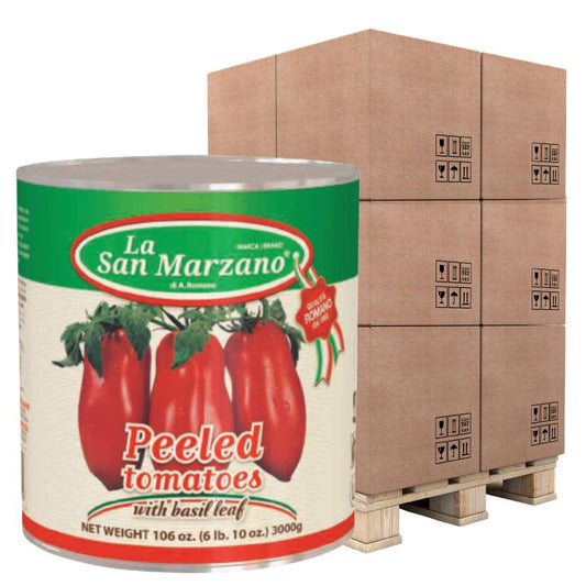 La San Marzano Peeled Tomatoes with Basil Leaf 6 lb can, Italian canned tomatoes pallet