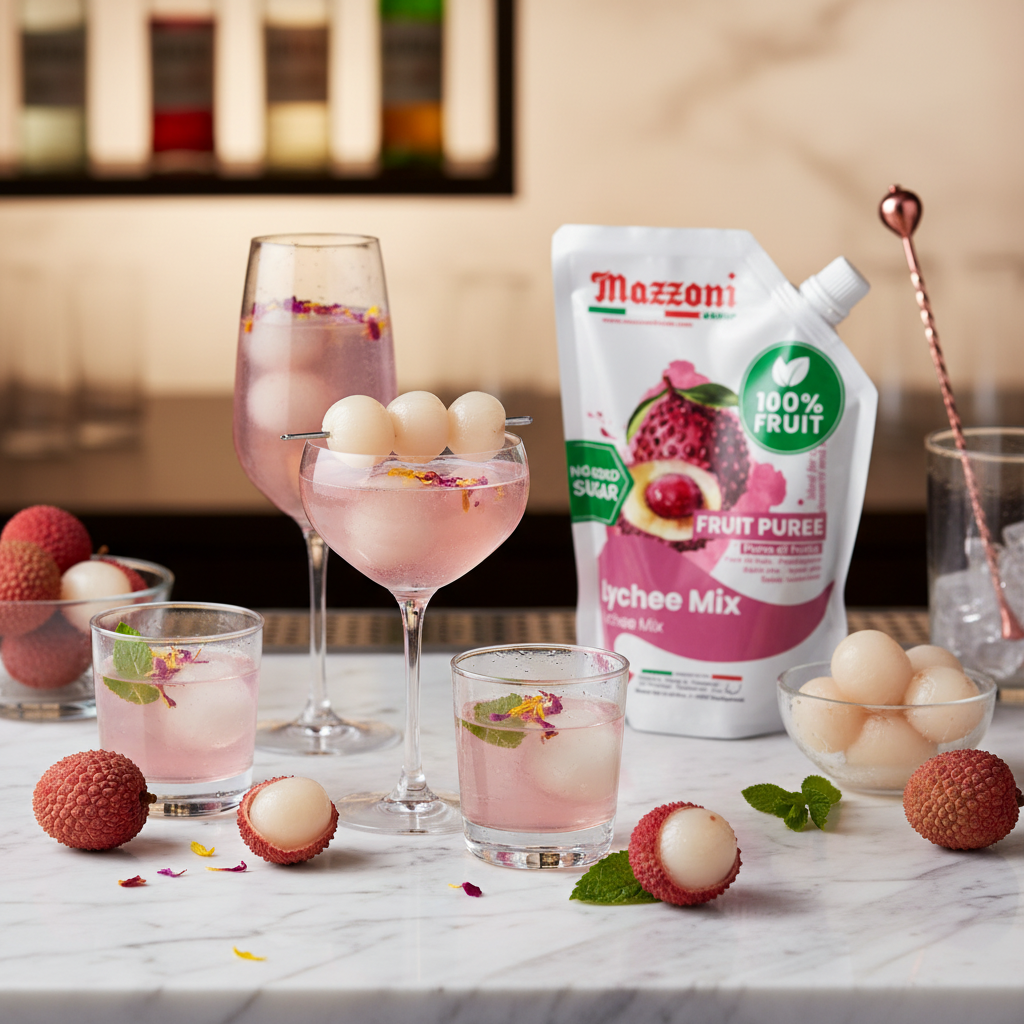 LYCHEE DRINKS AND COCKTAILS SERVED WITH FRESH LYCHEES AND MAZZONI LYCHEE MIX FRUIT PUREE POUCH ON A BAR COUNTER