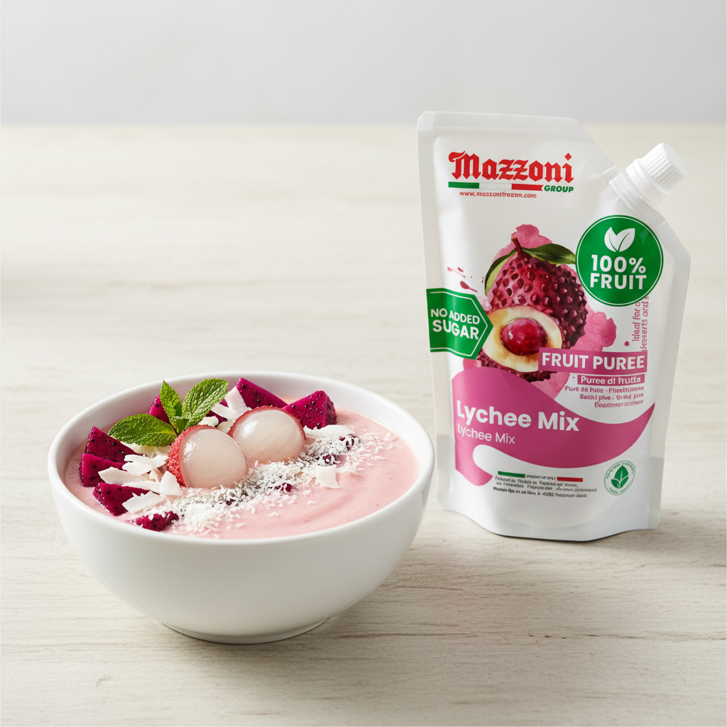 LYCHEE SMOOTHIE BOWL WITH FRESH FRUIT AND COCONUT TOPPING NEXT TO MAZZONI LYCHEE MIX FRUIT PUREE POUCH