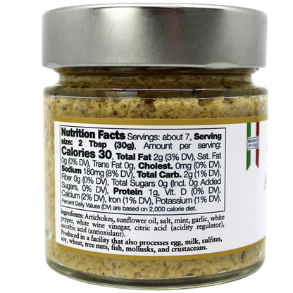 Authentic Italian artichoke spread with a smooth, velvety texture and savory flavor. Perfect for bruschetta, pasta, pizza, and charcuterie boards