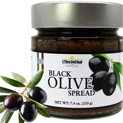 Authentic Italian black olive spread made with black olives, sunflower oil & wine vinegar. Rich, savory, and versatile perfect for crostini, pasta, and charcuterie boards